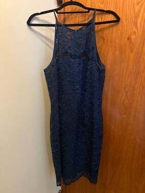 Tahari ASL Navy Blue Lace Halter Neck Sheath Dress Size 10